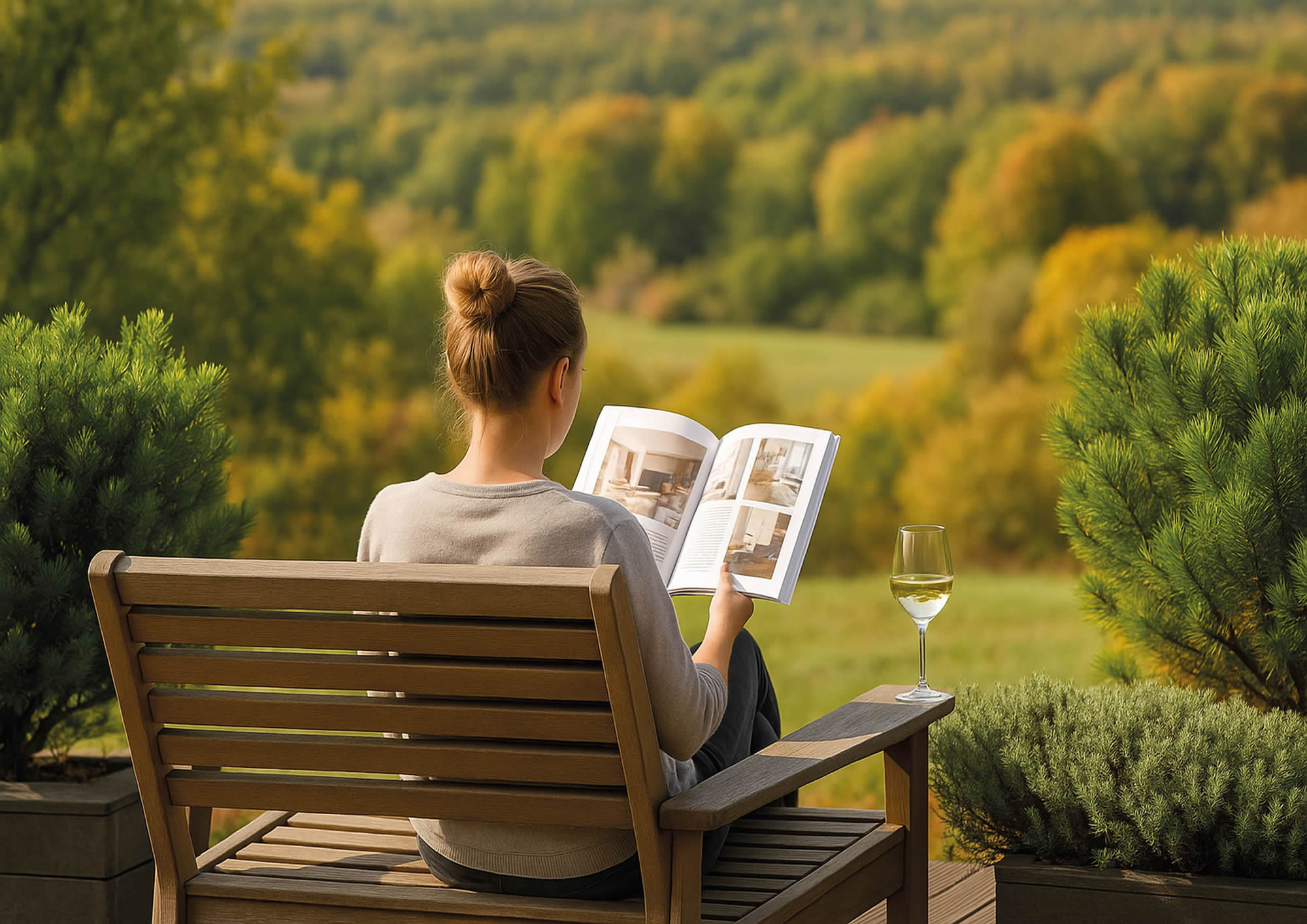 Dame entspannt in der Natur -Waldgut Frankenhof
